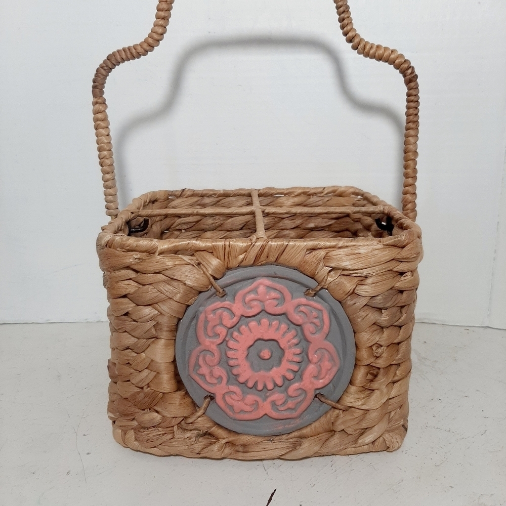 Woven Utensil  Basket with Pink and Gray Accent